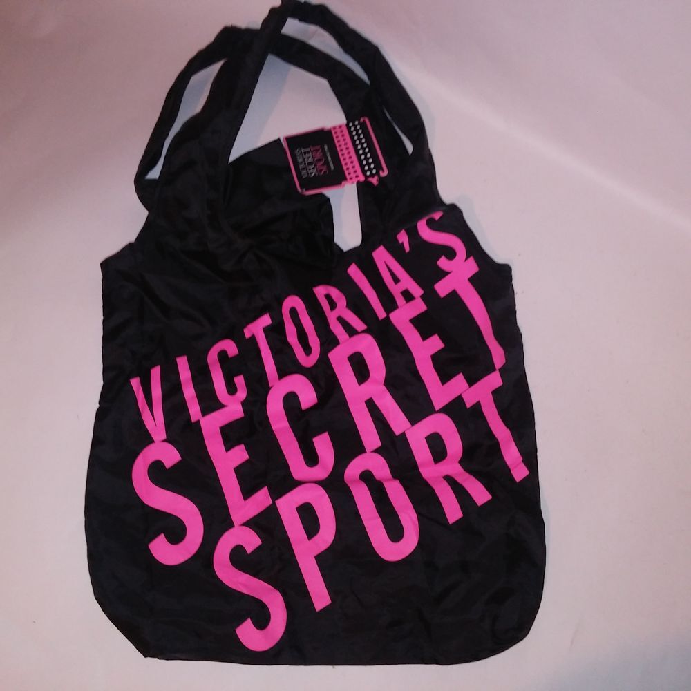 Victoria Secret Sport Tote Bag Nylon Black Neon Pink 2 Hair Ties 14" x 16" - Picture 6 of 11